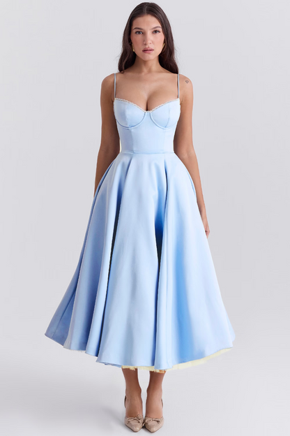 Variant image for Elegant White Satin Midi Dress with Spaghetti Straps and Tulle Skirt for Women - Perfect for Special Occasions-1
