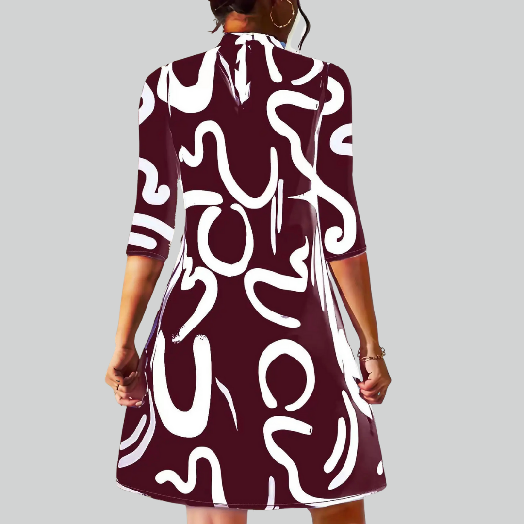 Long Fashion Sleeve Print Mini Dress for Women Autumn Casual Office Wear Robe Femme