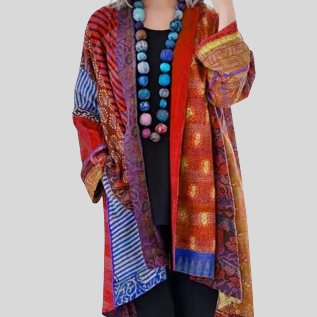 Cotton Vintage Linen Ethnic Print Cardigan - Large Size Long Sleeve Women's Sweater