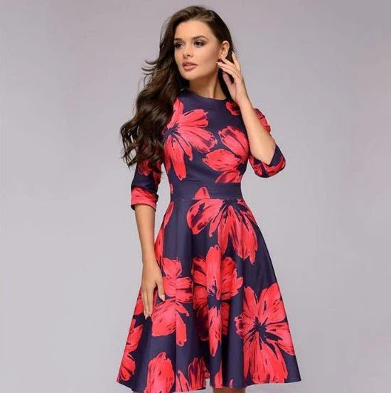 Variant image for Floral Print Midi Dress with Wide Skirt for Women's Summer and Formal Fashion-15