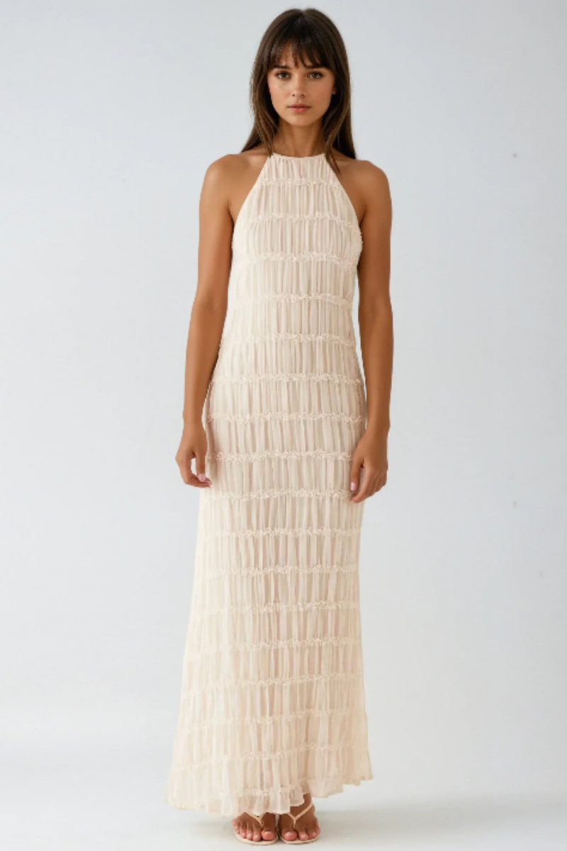 Ethereal Halter Maxi Dress in Soft Nude with Pleated Layers - Elegant Long Dress for Women, Full-Length Design-4