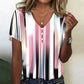 Casual V-Neck Blouse for Women, Short Sleeve Color Gradient Stripe Summer Top, Cotton-Polyester Blend-2