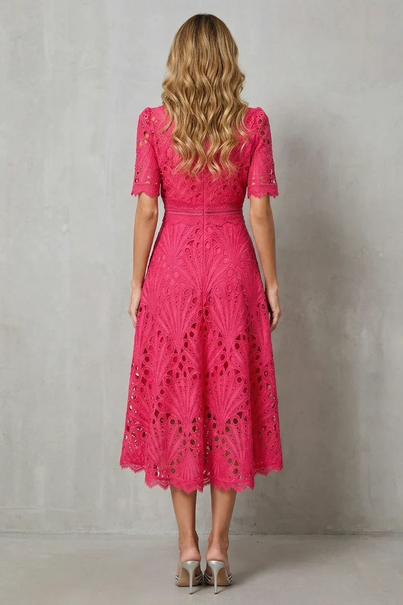 Plush Women's Dress - Lace, Cinched Waist, Short Sleeves, Timeless A-Line Silhouette, 100% Polyester, For Occasions