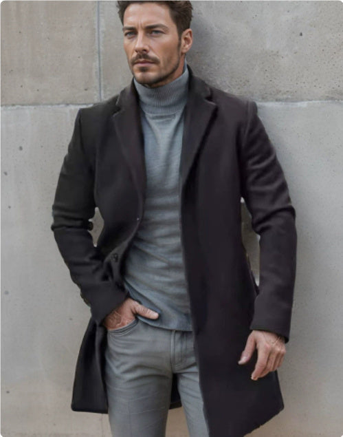 Refined Warm Men's Tweed Coat - Medium-Length Polyester