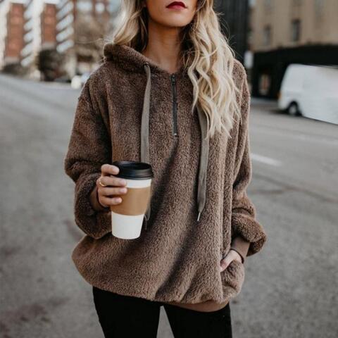 Plush Relaxed Women's Hoodie - Pullover Half Zip, Fleece