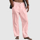 White Linen Pants for Women with Adjustable Waist Cord, Relaxed Fit Summer Trousers-1