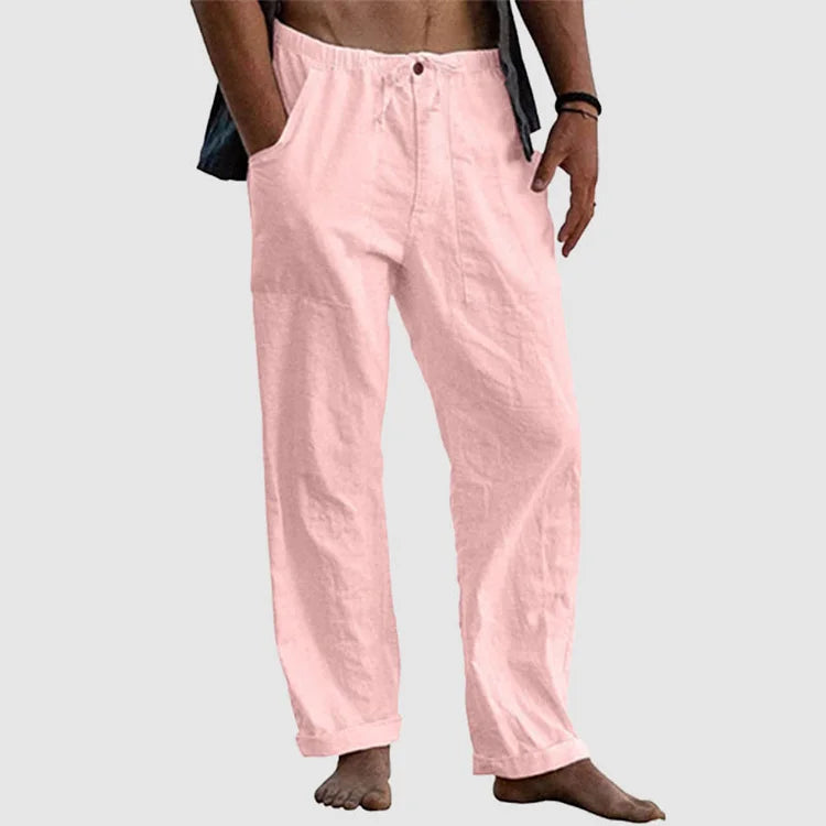 White Linen Pants for Women with Adjustable Waist Cord, Relaxed Fit Summer Trousers-1