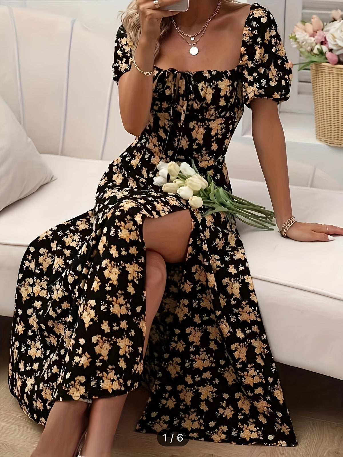 A-Line Floral Summer Dress with Puffed Sleeves for Women - Lightweight Formal Wedding Guest Dresses in Yellow, Green, Pink, Blue-4