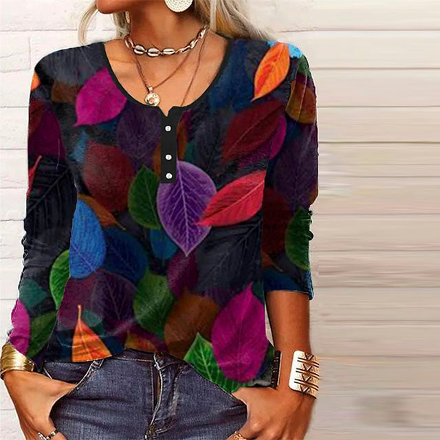 Colorful Leaf Print Womens Blouse, V-Neck Cotton-Polyester Blend Top for Spring, Autumn, and Winter Wear-1