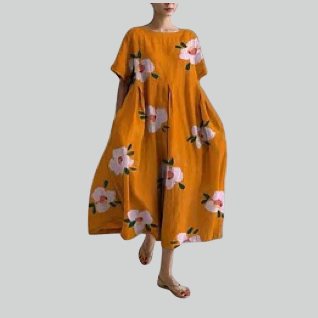 Lady Fashion Short Sleeve Loose Maxi Dress - Retro Flower Print Pocket Party Dress