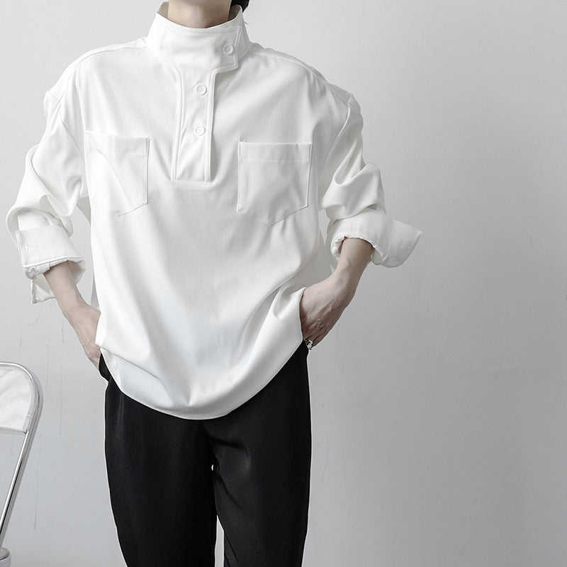 Plush Men’s Half Turtleneck Shirt - Stand Collar, Polyester