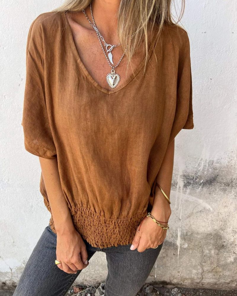 Variant image for Relaxed Women's Top in Cotton Linen Blend, Flowy V-Neck Blouse for Casual Summer Style-1