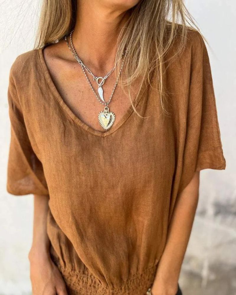 Relaxed Women's Top in Cotton Linen Blend, Flowy V-Neck Blouse for Casual Summer Style-5