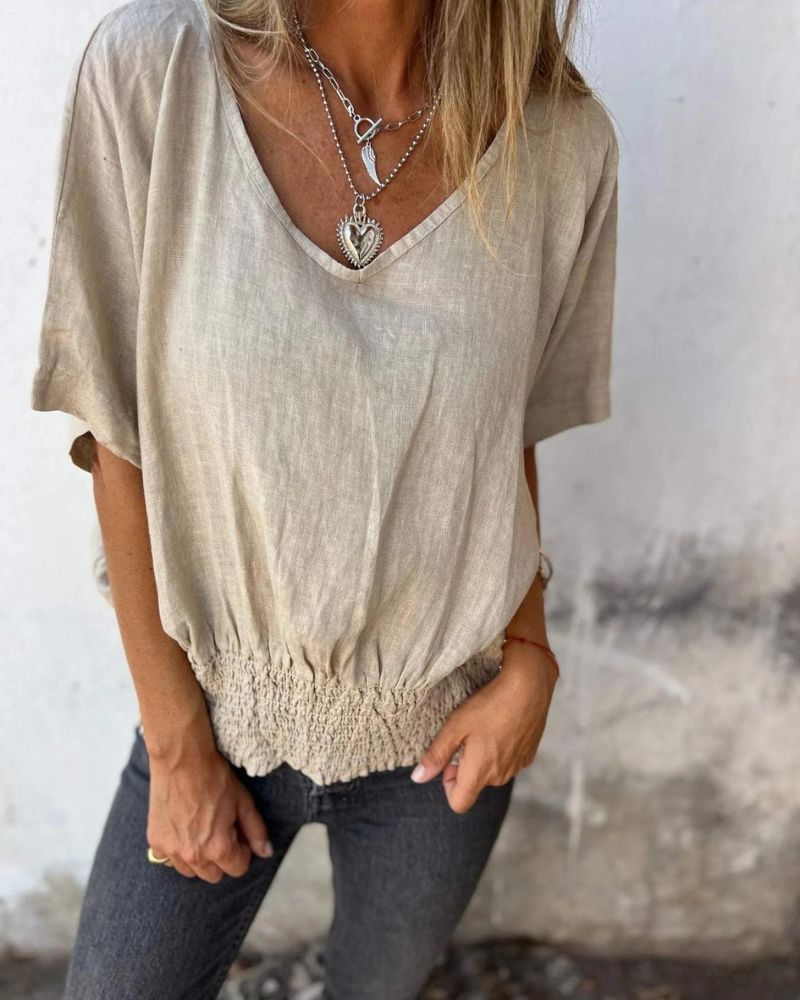 Relaxed Women's Top in Cotton Linen Blend, Flowy V-Neck Blouse for Casual Summer Style-3