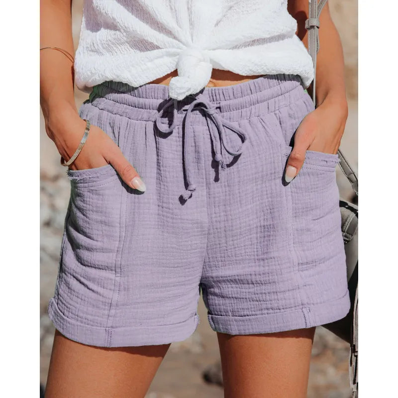 Cotton Summer Linen Shorts Women's High Waist Casual Pants with Pockets