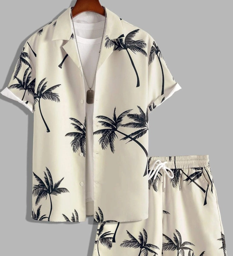 Men's Summer Set with Tropical Print, Lightweight Shirt and Shorts, Relaxed Fit for Warm Weather Casual Outings-1