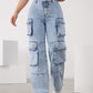 High-Waist Cargo Trousers for Women in Medium Blue, Stretch Fabric, Straight-Leg Fit, Stylish Snowflake Design-1