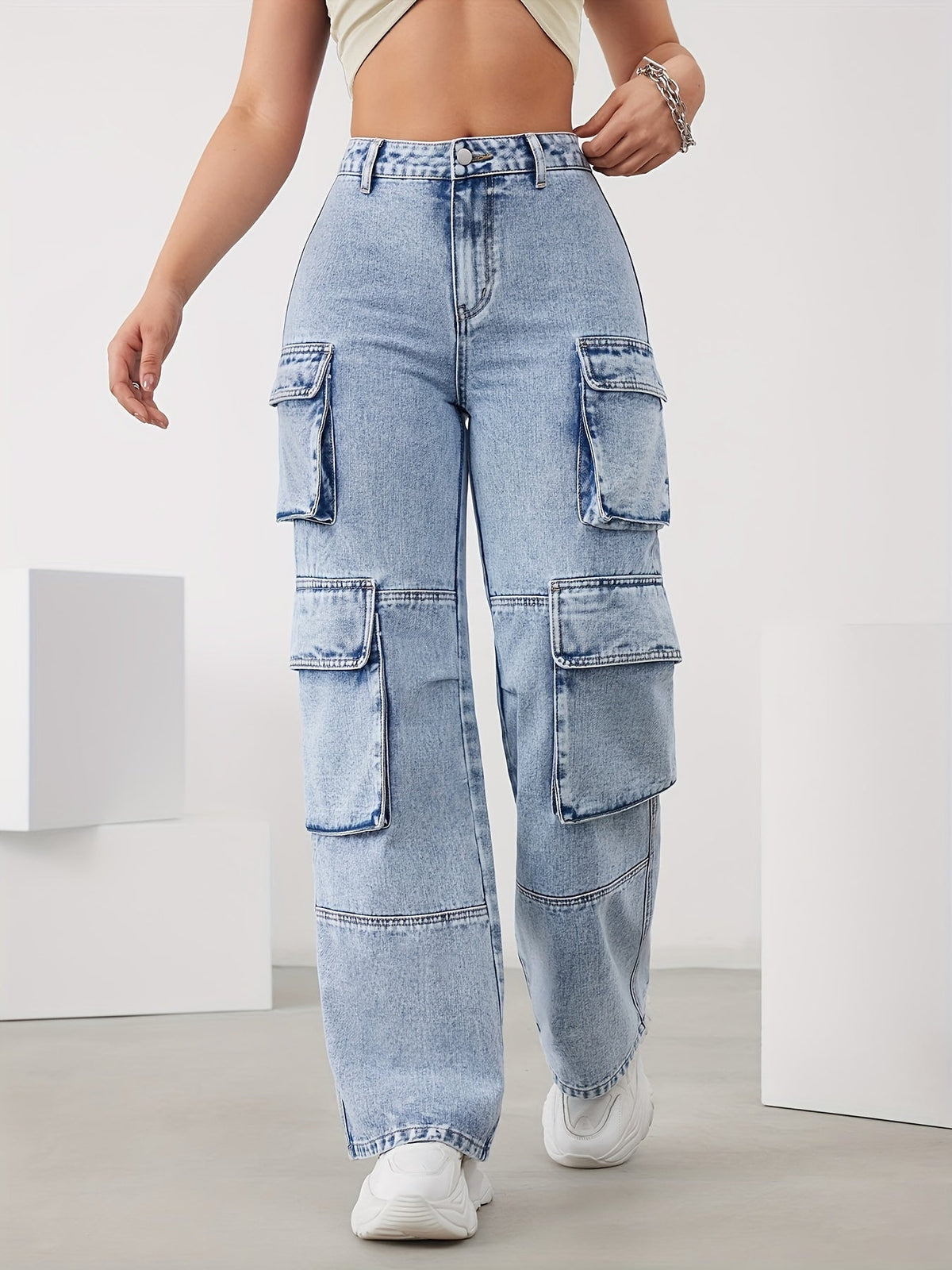 High-Waist Cargo Trousers for Women in Medium Blue, Stretch Fabric, Straight-Leg Fit, Stylish Snowflake Design-1