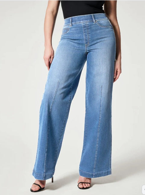 and Stretchy Flattering Women’s Wide-Leg Jeans - High-Rise Knitted Denim, Smooth Waistband, Weekend