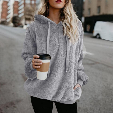 Plush Relaxed Women's Hoodie - Pullover Half Zip, Fleece