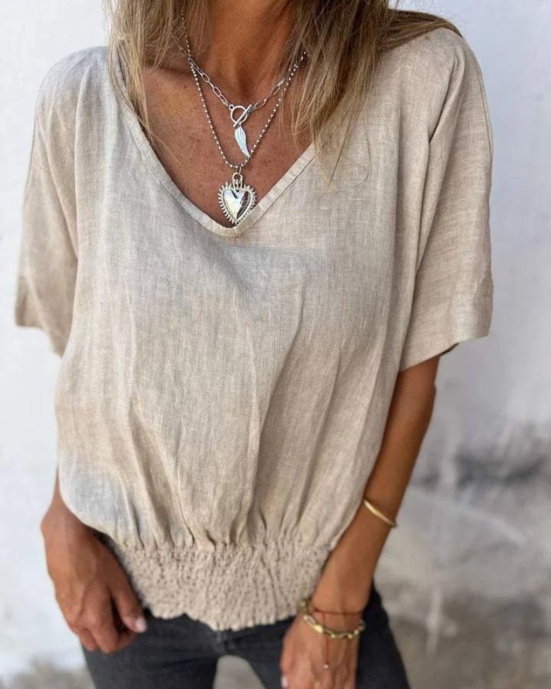 Relaxed Women's Top in Cotton Linen Blend, Flowy V-Neck Blouse for Casual Summer Style-6