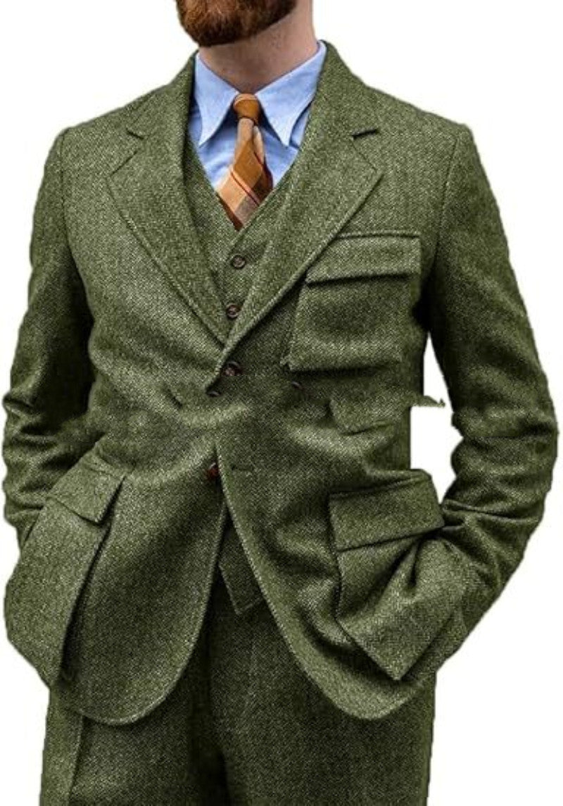 men's Wrinkle-free three-piece suit - slim-fit, herringbone wool, for formal events and business wear