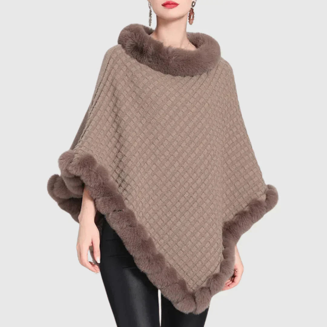 Cozy Warm Women's Poncho - Rollneck, Ribbed Knit, Faux Fur