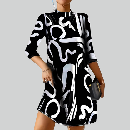 Long Fashion Sleeve Print Mini Dress for Women Autumn Casual Office Wear Robe Femme
