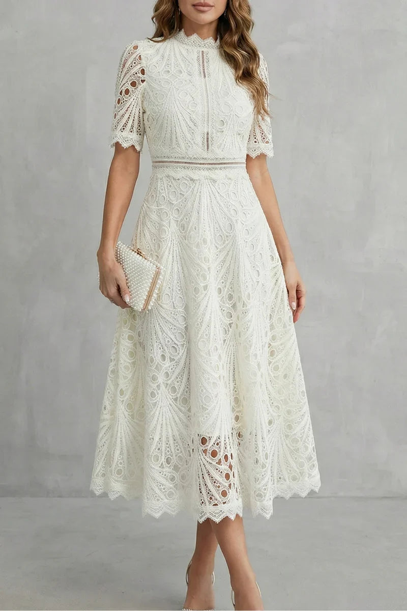 Plush Women's Dress - Lace, Cinched Waist, Short Sleeves, Timeless A-Line Silhouette, 100% Polyester, For Occasions