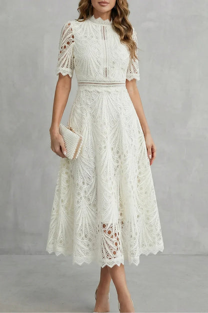 Plush Women's Dress - Lace, Cinched Waist, Short Sleeves, Timeless A-Line Silhouette, 100% Polyester, For Occasions