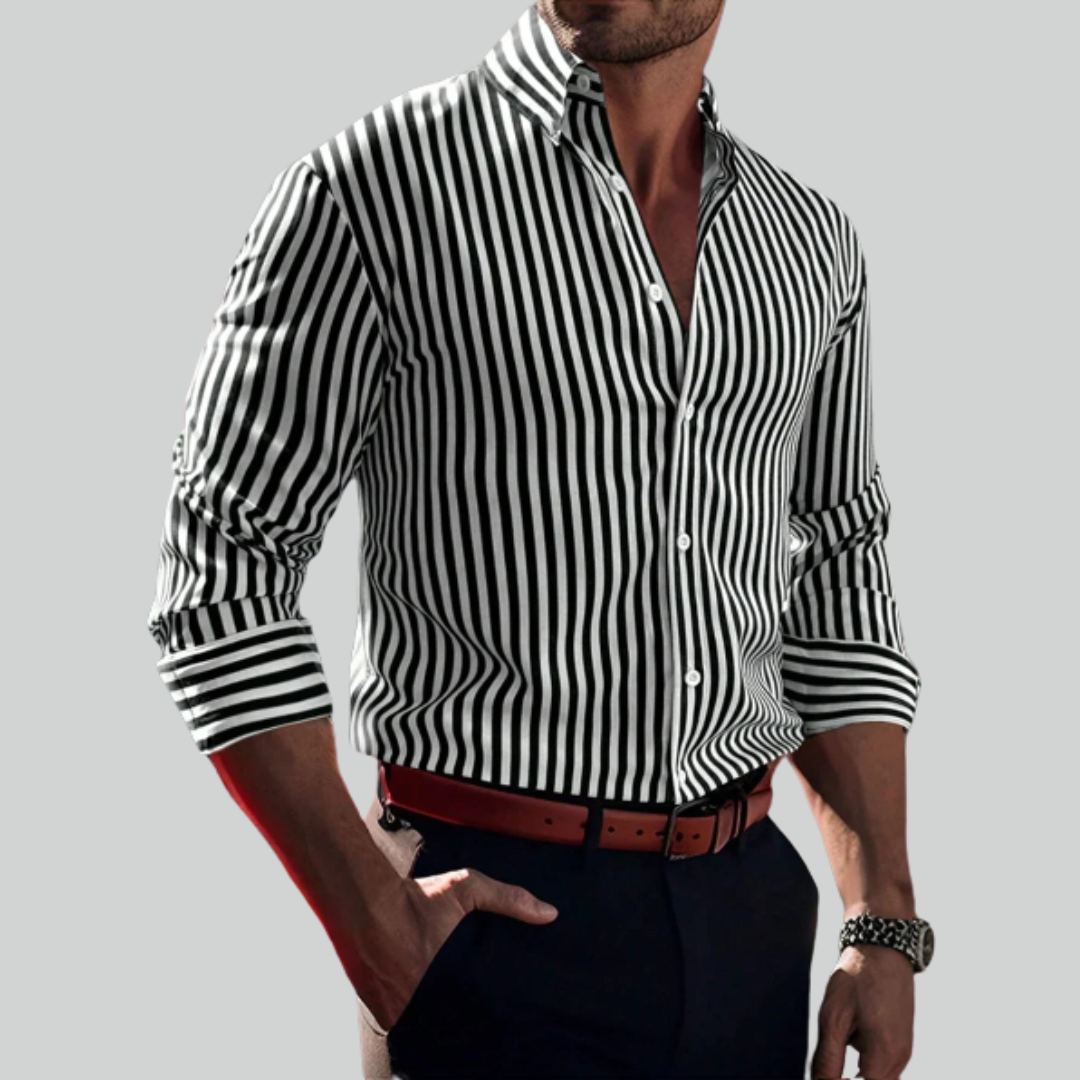 Men's Solid Color Striped Long Sleeve 3D Printed Casual Shirt - Cozy Fashion Top