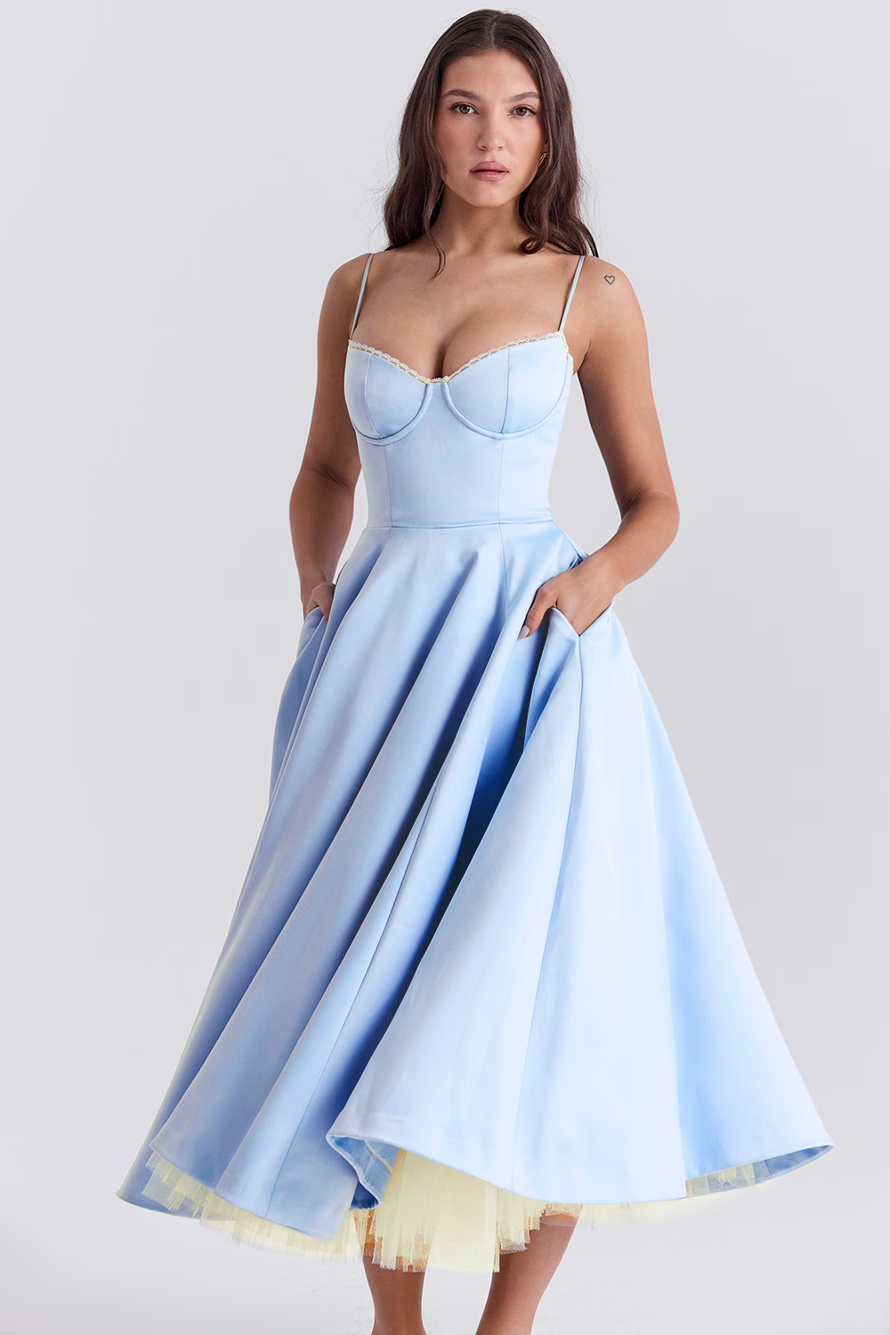 Elegant White Satin Midi Dress with Spaghetti Straps and Tulle Skirt for Women - Perfect for Special Occasions-2