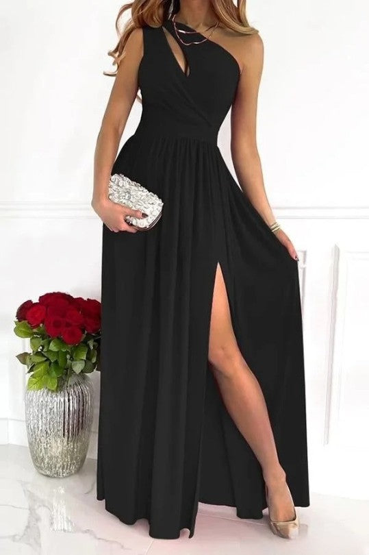 Chic One Shoulder Evening Dress, Elegant Black Formal Gown, Knee-Length Semi Formal Dress for Wedding Guests-5