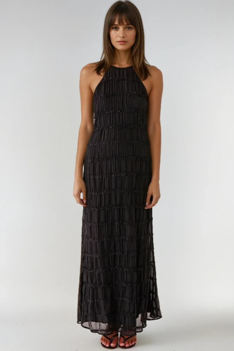 Ethereal Halter Maxi Dress in Soft Nude with Pleated Layers - Elegant Long Dress for Women, Full-Length Design-5