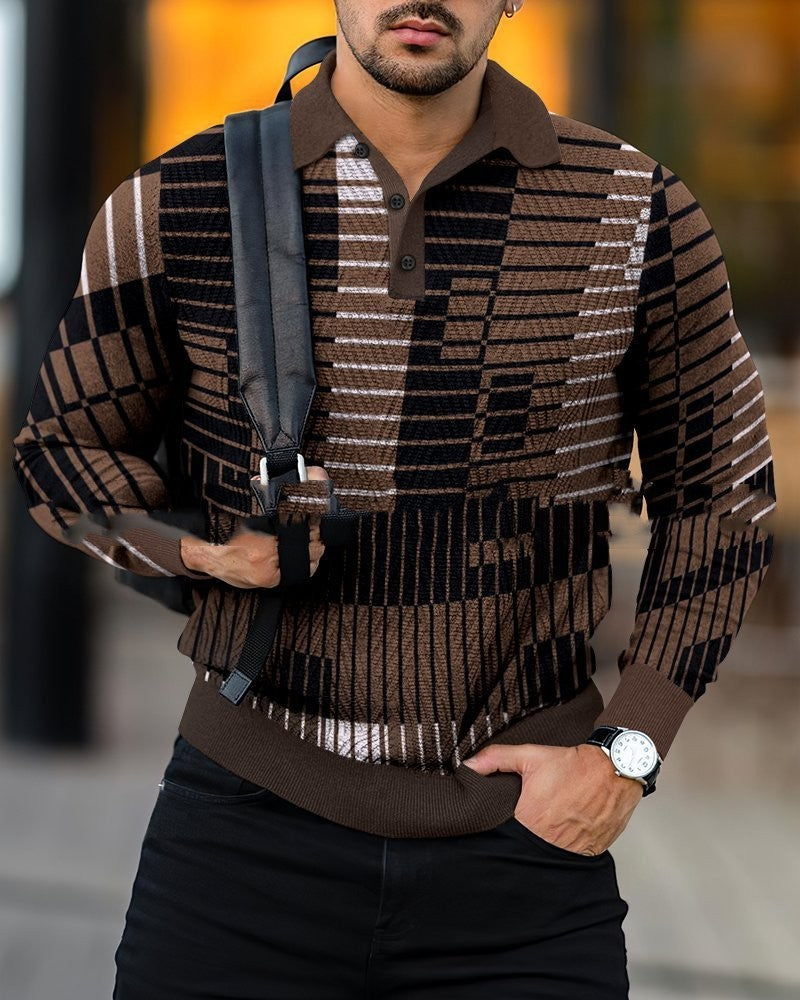 Plush Textured Men's Polo Sweater - Patterned Knit, Cotton