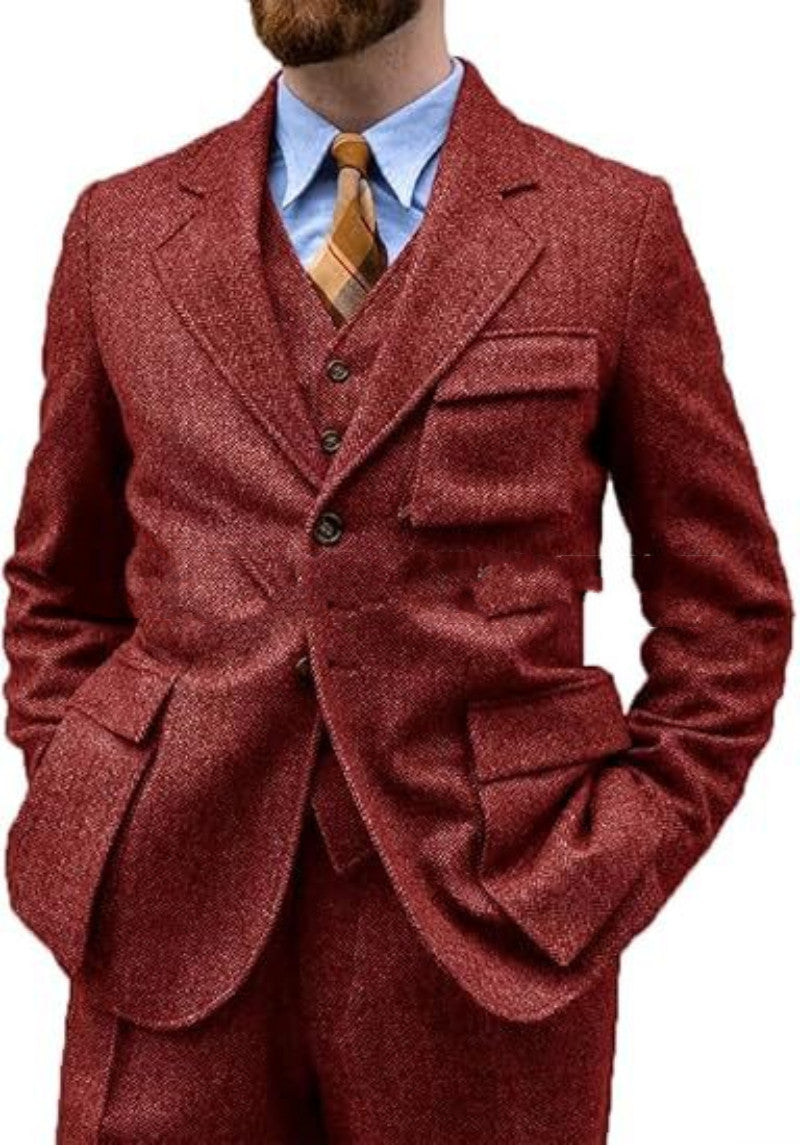 men's Wrinkle-free three-piece suit - slim-fit, herringbone wool, for formal events and business wear