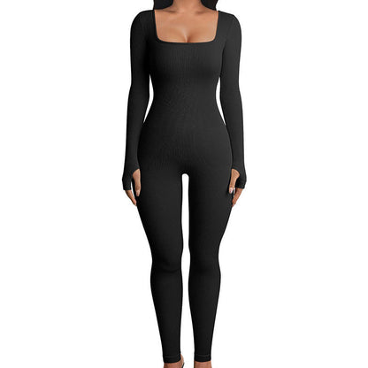 Long Sleeve Square Neck, Ribbed Nylon-Spandex, Seamless Yoga Athleisure – Stretchy Flattering Women’s Jumpsuit