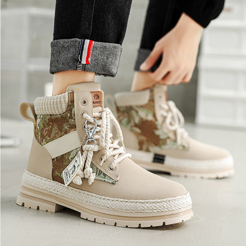 Men's Warm High-Top Boots - Lace-Up Leather Fabric, Winter