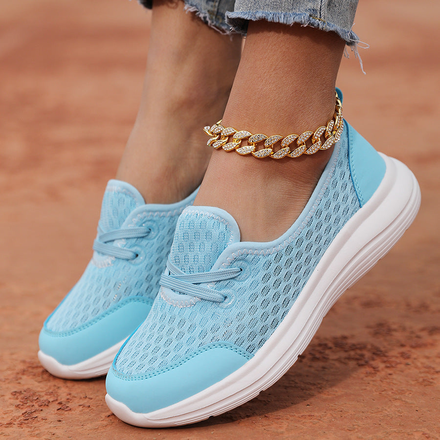 Light Breathable Women’s Lace-Up Sneakers - Low-Profile Round-Toe, Mesh Upper, For Regular Wear