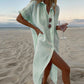 White Linen Summer Dress with Fold-Over Collar and Relaxed Fit for Women-3