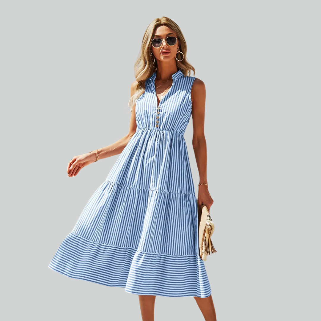 Shirt Striped Dress Women A-Line Summer Casual V-Neck Sleeveless Beach Holiday Dress