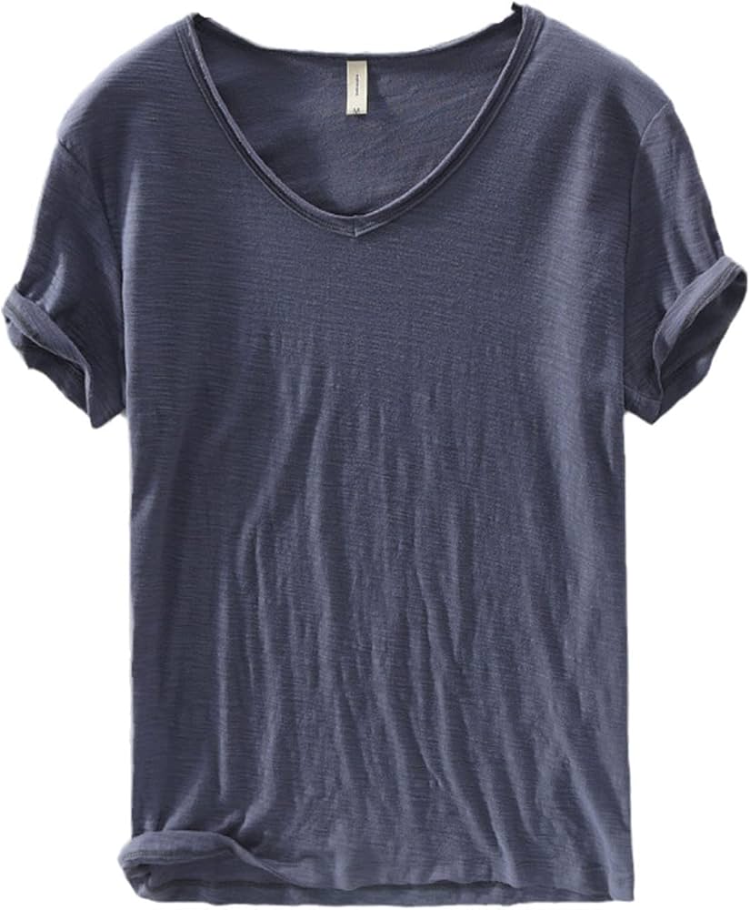 Men's V-Neck Linen Cotton Shirt, Lightweight Short Sleeve Slim-Fit Casual Top for Summer-3