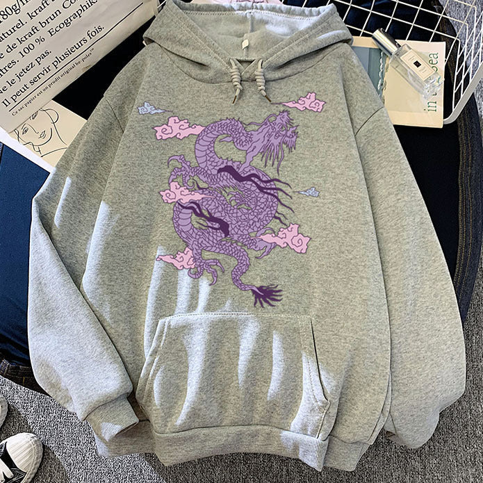 Men’s Warm Hoodie - Dragon Print Pullover, Polyester Casual