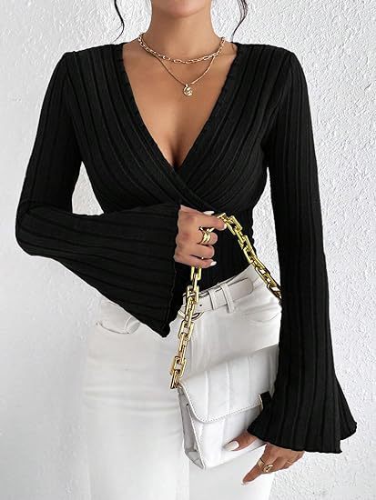 Women’s Stretchy Long Sleeve Top - V Neck, Ribbed Knit