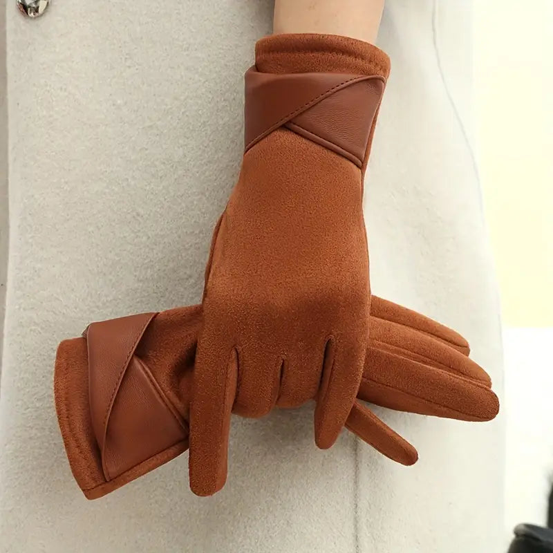 Women's Warm Winter Gloves - Faux Leather Cuff, Fleece