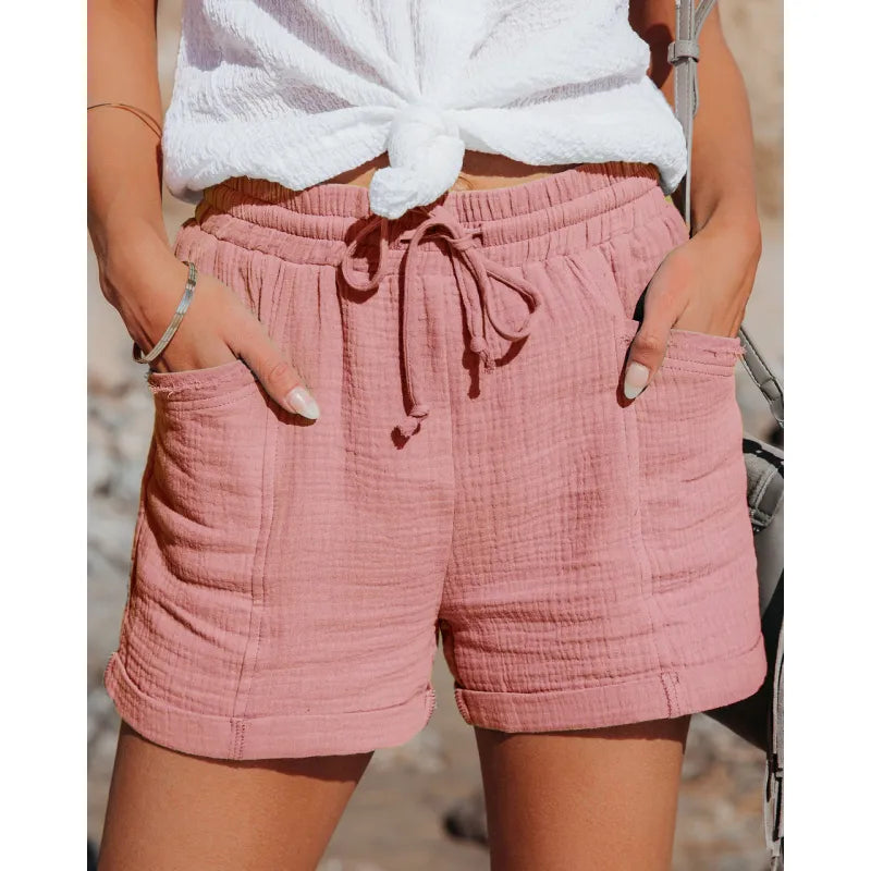 Cotton Summer Linen Shorts Women's High Waist Casual Pants with Pockets