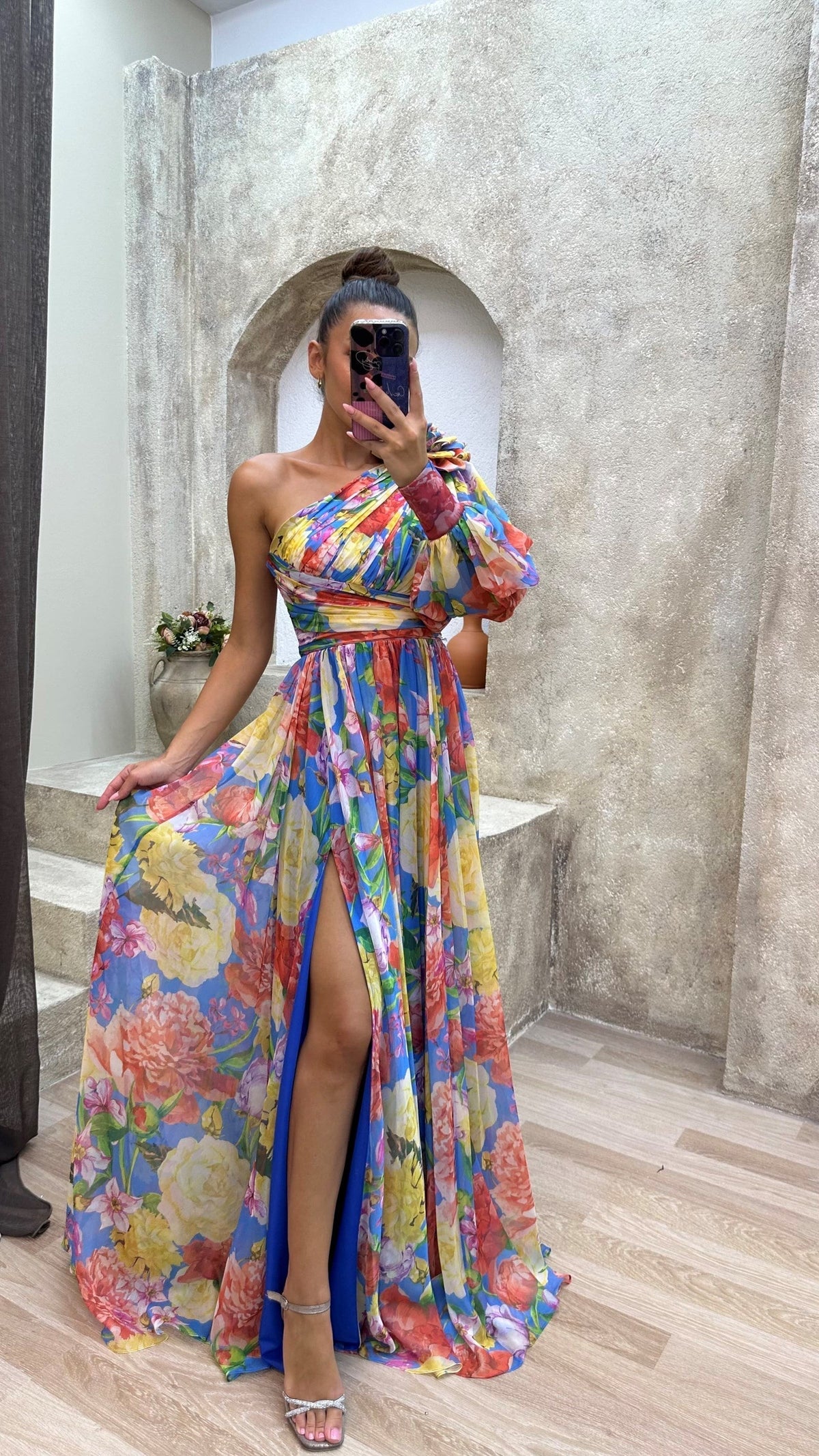 One-Shoulder Floral Women's Dress, Elegant Asymmetrical Summer Dress, Perfect for Wedding Guest and Formal Occasions-3