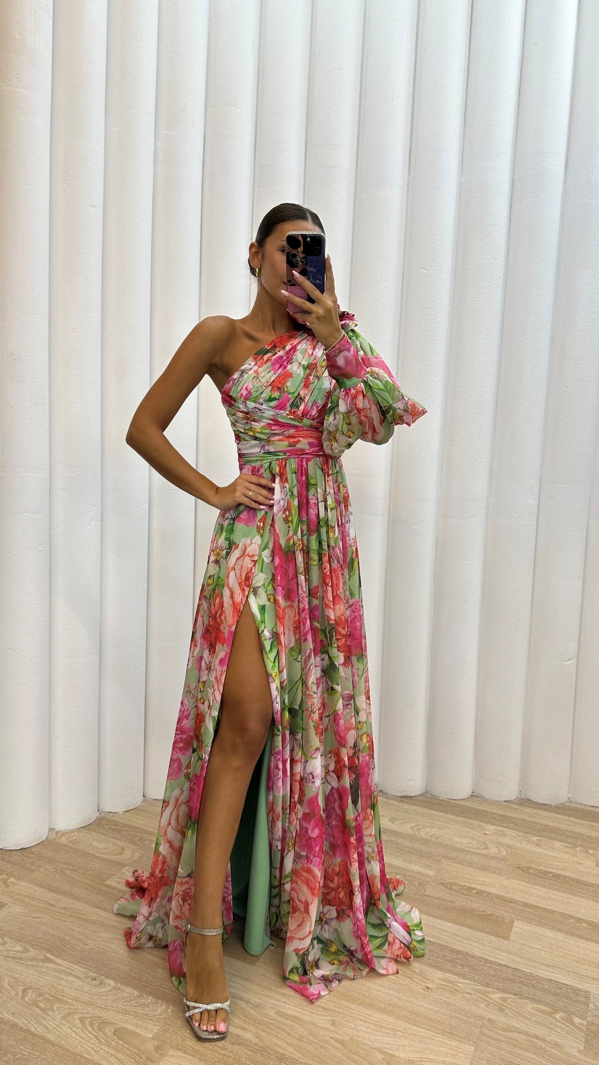 One-Shoulder Floral Women's Dress, Elegant Asymmetrical Summer Dress, Perfect for Wedding Guest and Formal Occasions-5
