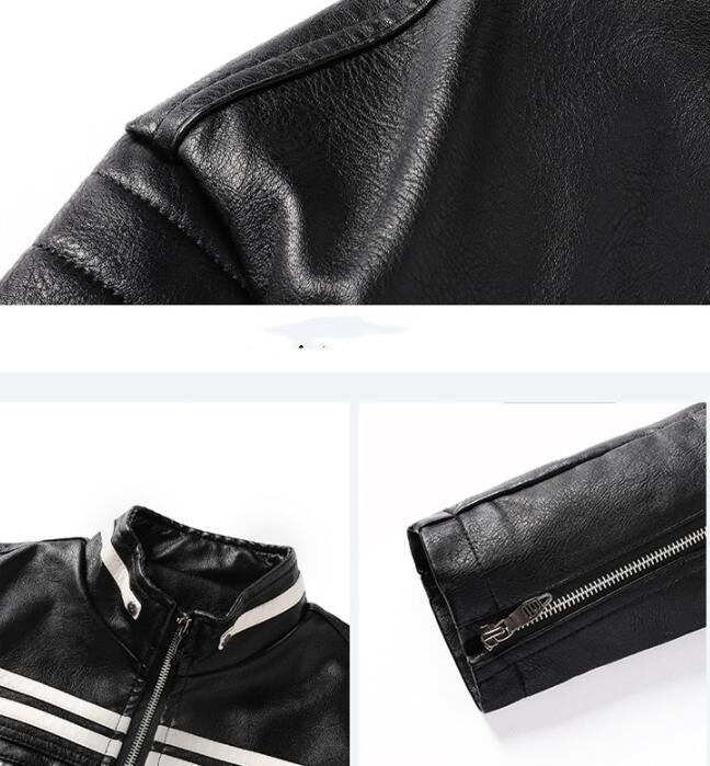 men's Warm leather motorcycle jacket - biker-cut with quilted shoulders and racing stripes, PU leather, for autumn rides