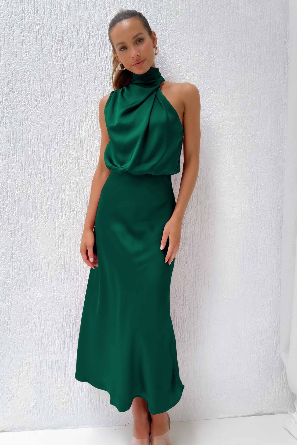 Variant image for Long Satin Halterneck Formal Dress for Weddings and Elegant Occasions, Full-Length Evening Gown-36